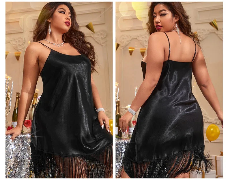 Plus Size 5XL Women's Nightgown Sleepwear Sexy Black with Tassels Spaghetti Strap Nightdress Nightwear Loose  Satin Nightgown