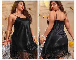 Plus Size 5XL Women's Nightgown Sleepwear Sexy Black with Tassels Spaghetti Strap Nightdress Nightwear Loose  Satin Nightgown