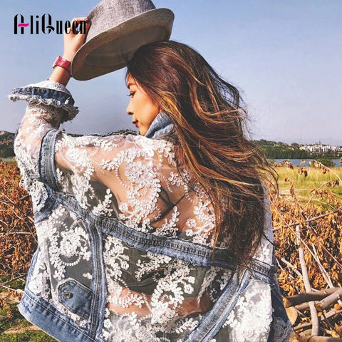 Denim Jacket Women Embroidered Lace Patchwork Frayed Tassel Loose Blue Jean Casual Outerwear