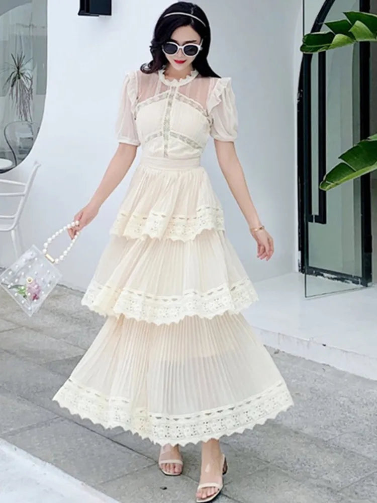 Women's Lace Long Dress High Quality 3 Tier Ruffles Boutique Design Short Sleeve Lace Patchwork Dress