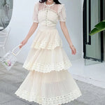 Women's Lace Long Dress High Quality 3 Tier Ruffles Boutique Design Short Sleeve Lace Patchwork Dress