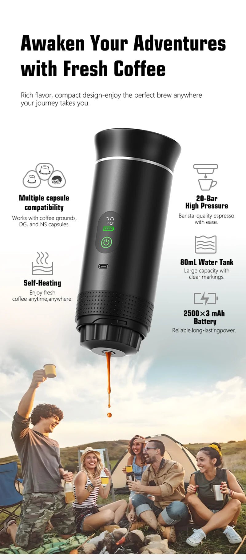 Black portable coffee maker with brewing action, surrounded by people outdoors, and promotional text about its features.