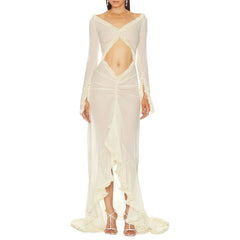 Women's Sexy Babydoll Lingerie Style Long Sleeve Dress V-Neck Chemise Mesh Nightwear Long Gown Frill Trim Sheer Nighty Dress Cover Up