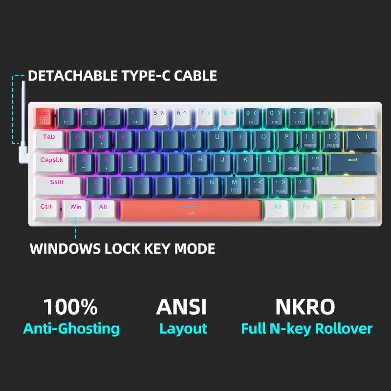 Mini Mechanical Keyboard 60% Form Factor 61Keys K500-B61 Gaming Keyboard Wired Full Key Hot-Swappable RGB Backlit Great Gift