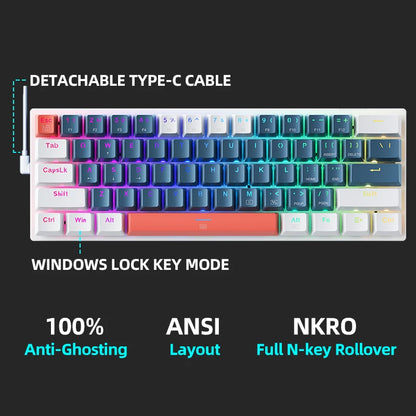 Mini Mechanical Keyboard 60% Form Factor 61Keys K500-B61 Gaming Keyboard Wired Full Key Hot-Swappable RGB Backlit Great Gift