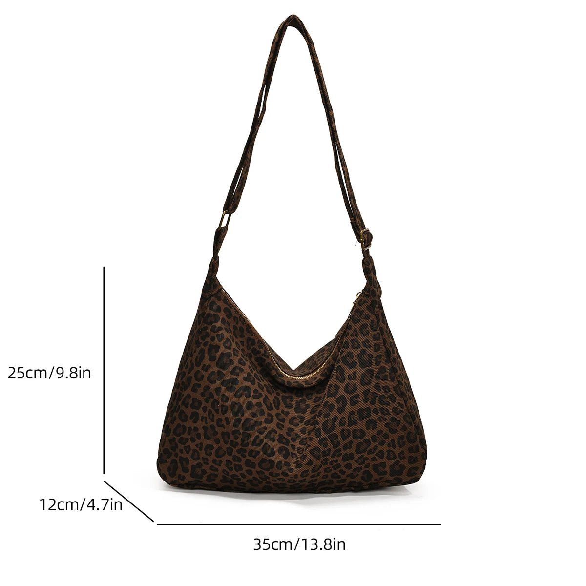 Leopard print handbag with measurements on a white background