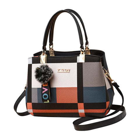 Plaid Handbag Women Tote Bag Fur Pom Pom Keychain Shoulder Purse Checkered Pattern Shopper Bag