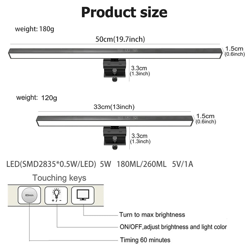 50cm LED Computer PC Monitor Screen Lamp Connect on top of Monitor Eye-Care Desk Lamp Bar Dimming Reading USB Powered Hanging Table Lamp