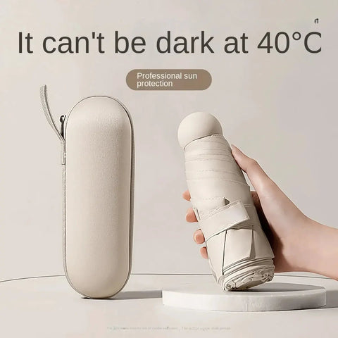 Beige umbrella and carrying case with text about sun protection on a light gray background
