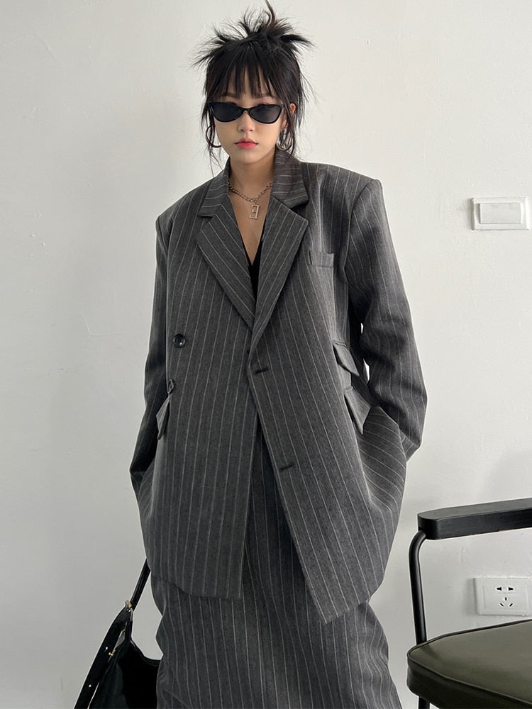 Long Sleeve Over Sized Two Piece Striped Business Suit for Women