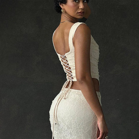 Skirt Set Women Elegant Lace 2-Piece Irregular Long Skirt Corset Top French Style Bodycon Matching