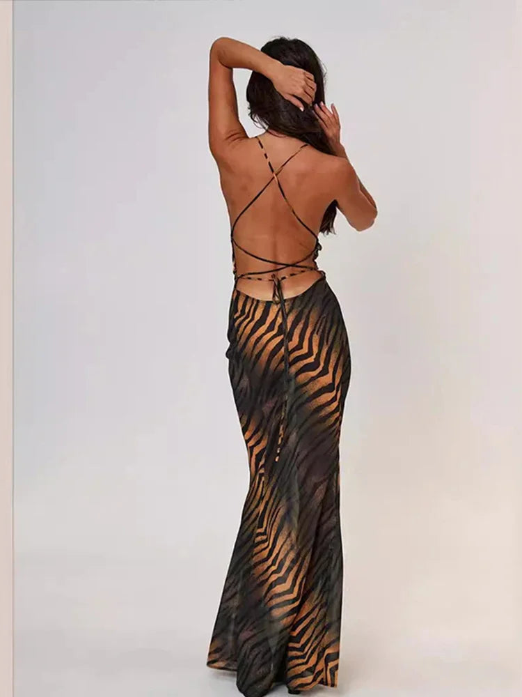 New Leopard Print Deep V-Neck Long Dress Lace Up Backless Sleeveless Slim w/ Straps Boutique Fashion Spring/Summer Dress Gown