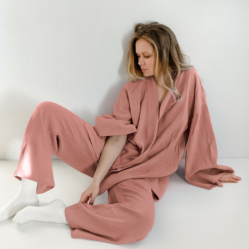 Women's Kimono Style Pajamas Cotton Long Drop Sleeve Flared Pajama Set