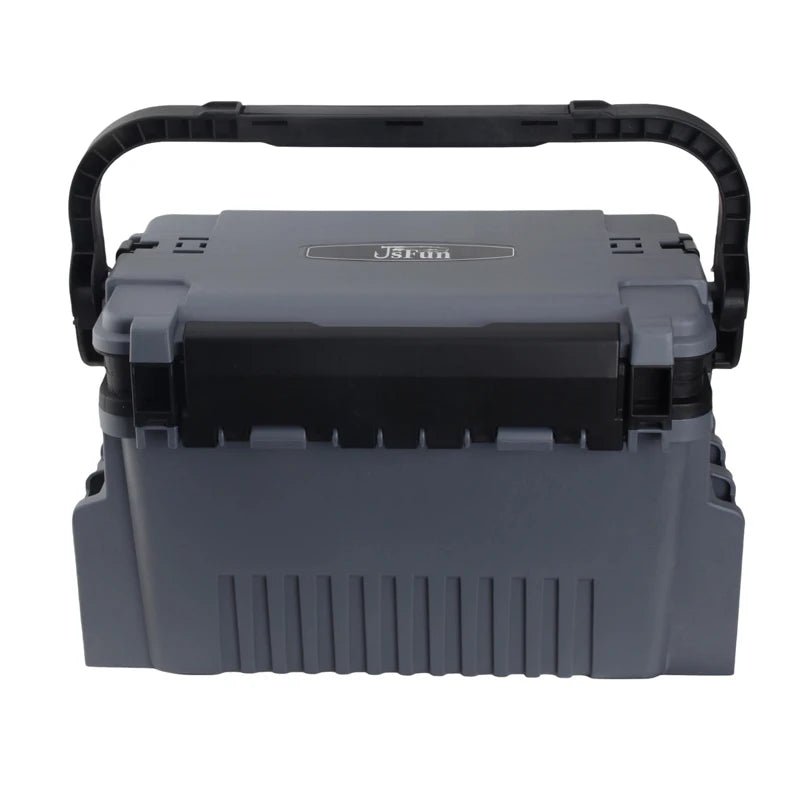 Gray toolbox with black handle on a white background