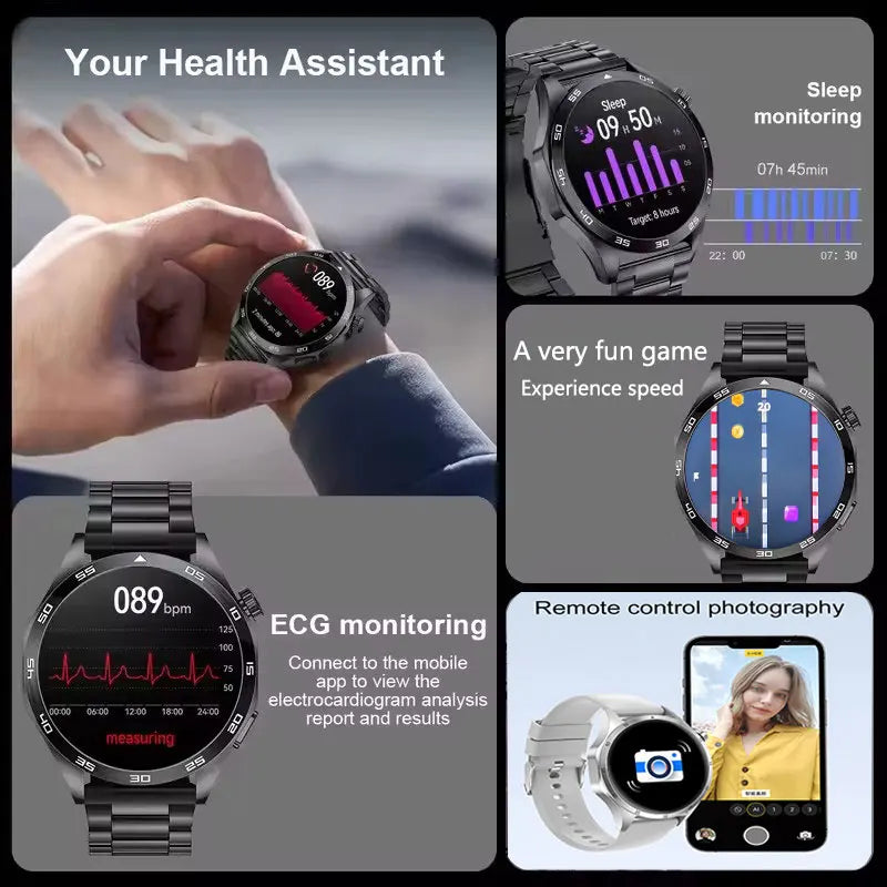Smartwatch with various features like health monitoring and remote control on a gray background