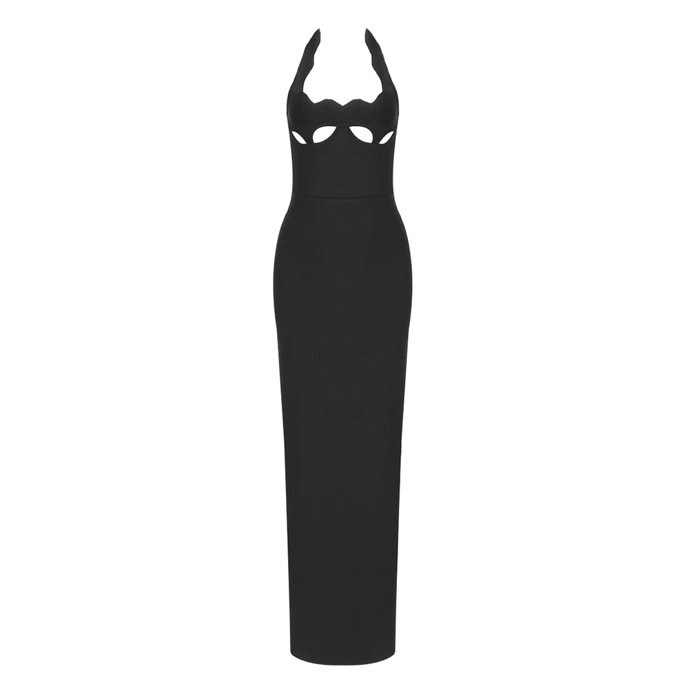 Black dress with unique cut-out design on a white background