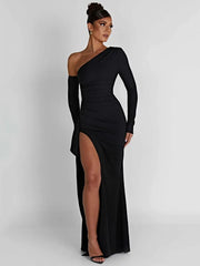 Women's Oblique Shoulder Thigh-High Split Maxi Dress Long Sleeve Half Backless Bodycon Sexy Wedding Prom Dress