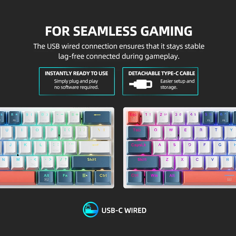 Mini Mechanical Keyboard 60% Form Factor 61Keys K500-B61 Gaming Keyboard Wired Full Key Hot-Swappable RGB Backlit Great Gift