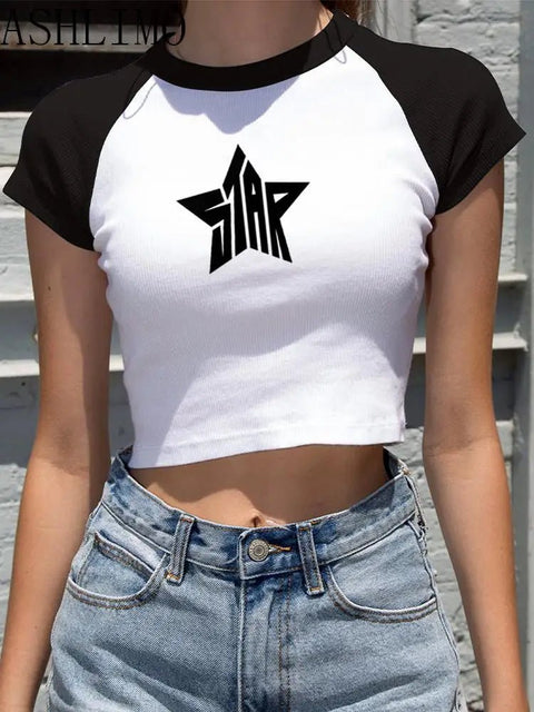 T-Shirt Women Y2K Star Retro Short Sleeve Crop Top Aesthetic Navel Fashion Casual Tee Top