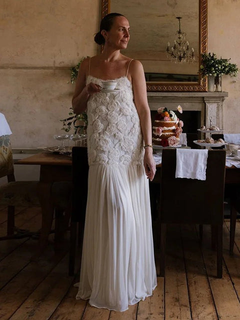 White Maxi Dress Floral Applique Spaghetti Strap Sleeveless Long Evening Gown Elegant Formal Women