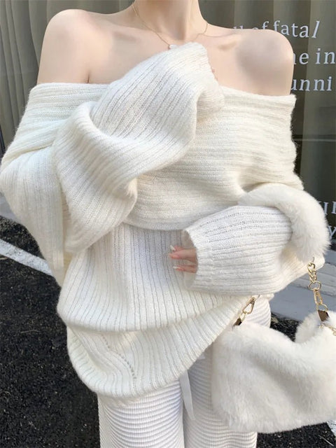 Off Shoulder Sweater Women White Red Khaki Knitted Long Sleeve Y2K Elegant Pullover Casual Fashion