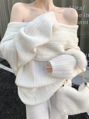 Women's Fashion Sexy White/Red/Khaki Knitted Of Shoulder Sweater Long Sleeve Y2k Elegant Pullover