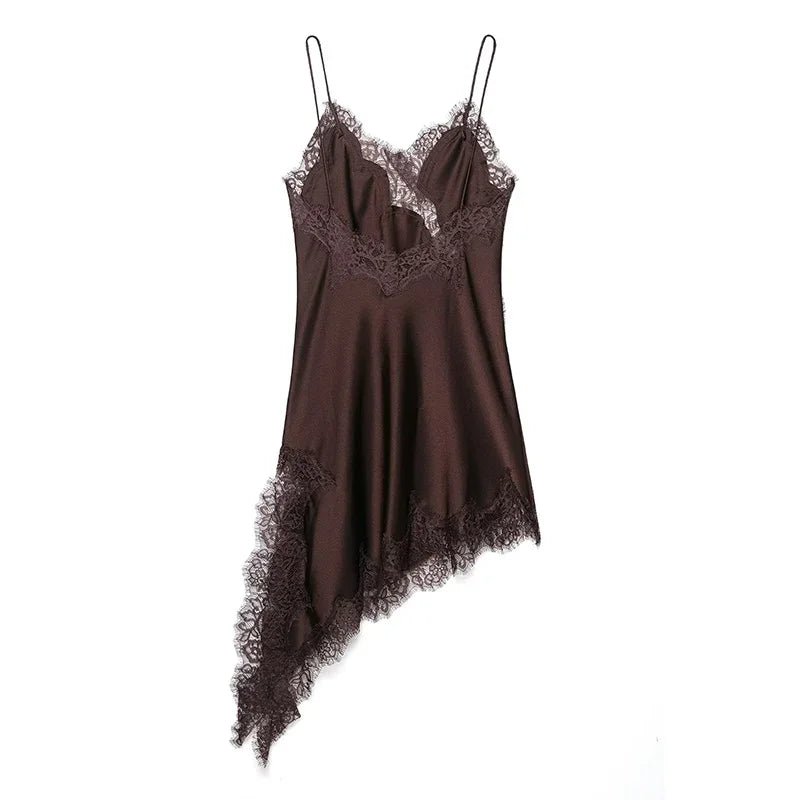 Brown slip dress with lace details on a white background