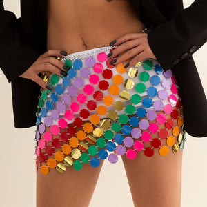 Handmade Mirror Coin Squamous Glitter Sequins Mini Skirt Patchwork Strappy Nightclub Party Skirt