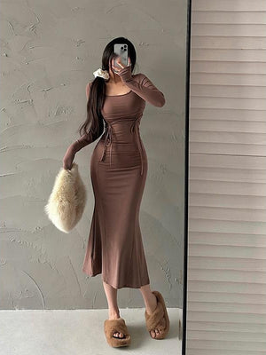 Sexy Drawstring Pleated Long Maxi Dresses