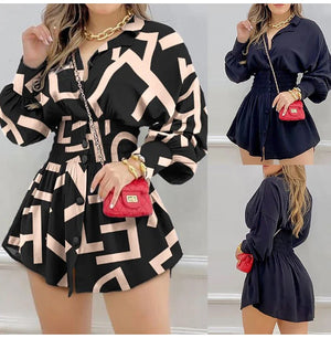 Sexy Long Sleeve Mini Dress Casual Print High Waist Shirt Dress Chic Spring Fall Dress