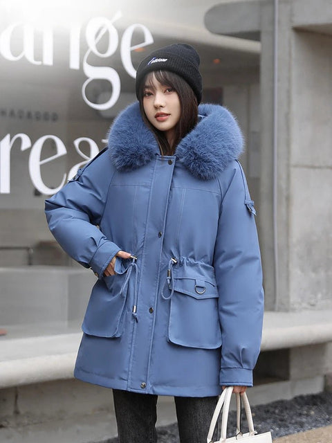 Winter Coat Women -30 Degree Removable Liner Padded Loose Faux Fur Collar Hooded Parka Outerwear