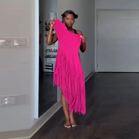 Knit Tassel Hollow Out Midi Dress Women One Shoulder Asymmetric Splice Elegant Party Pink