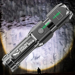 4-Mode Lighting Strong LED Flashlight Telescopic Zoom Tactical Torch USB Rechargeable Portable Spotlight Long-Range Camping Flashlight