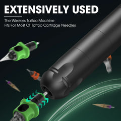 Black wireless tattoo machine with interchangeable nozzles on a dark background