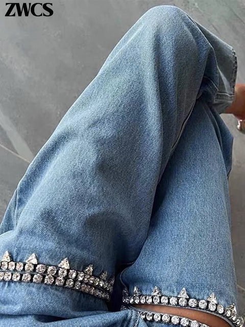 Jeans Women Diamond Hollow Out Distressed Zipper Blue Loose Straight Casual Chic Streetwear Denim