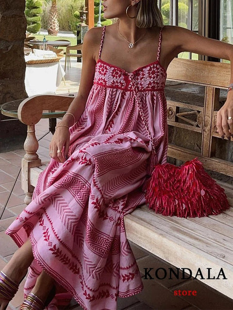 Maxi Dress Women Bohemian Flower Print Knit Corset Long Cami Bow Tie Embroidered Ruffle Summer Dress