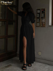 Women's White Long Dress Elegant Puff Sleeve V-Neck Dress with Buttons