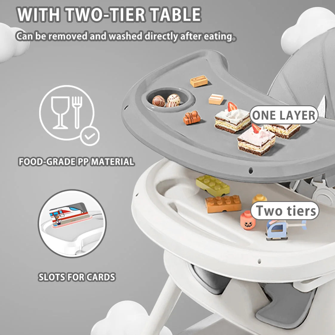 Two-tier table on a high chair with food and toys, featuring text and icons about its features.