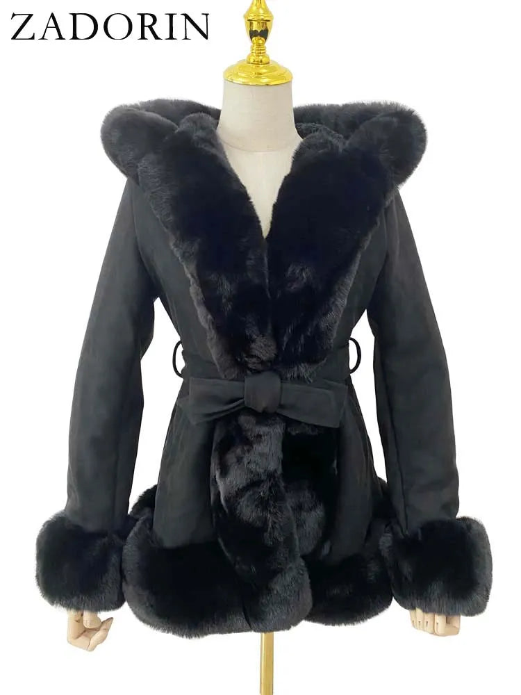 Women's Faux Fur Coat Faux Suede Furry Hood Quality Vegan Fur Coat With Belt Thick Warm Fur Cardigan Jacket