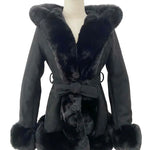 Women's Faux Fur Coat Faux Suede Furry Hood Quality Vegan Fur Coat With Belt Thick Warm Fur Cardigan Jacket