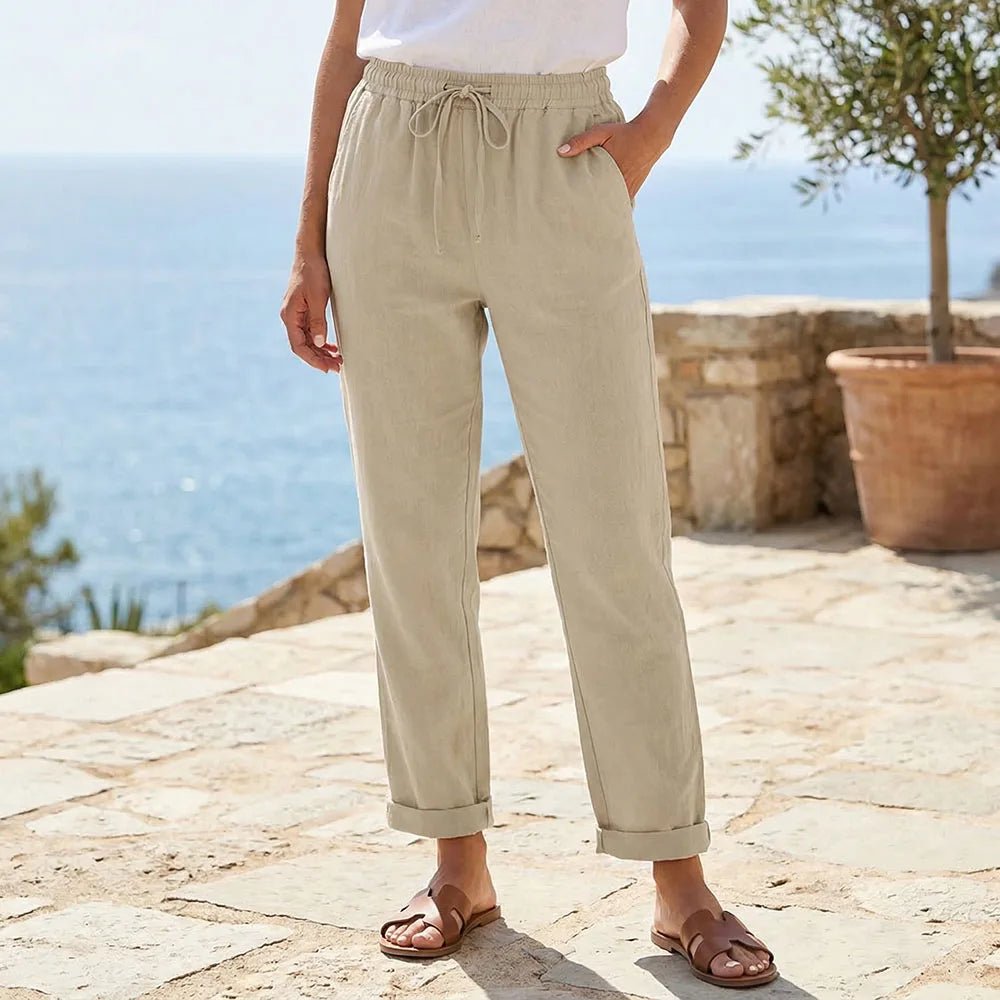 Cotton Linen Straight Leg Pants Women Elastic Waist Drawstring Casual Breathable Fashion