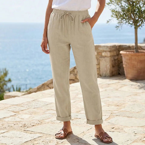 Cotton Linen Straight Leg Pants Women Elastic Waist Drawstring Casual Breathable Fashion