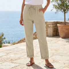 Cotton Linen Straight Leg Pants Women Elastic Waist Drawstring Casual Breathable Fashion