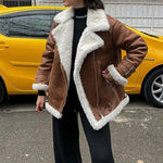 Long Sleeve Coat Faux Fur Lapel for Women With Zipper Pockets Thick Warm Jacket