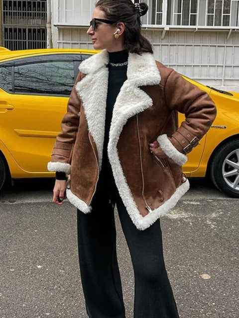Faux Fur Lapel Coat Women Long Sleeve Zipper Pockets Thick Warm Casual Winter Outerwear Fashion