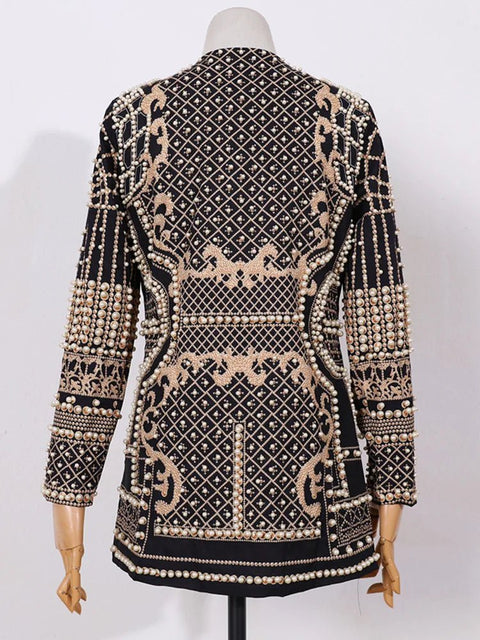 Jacket Women Shawl Collar Embroidered Beaded V-Neck Vintage Elegant Ladies Outerwear Coat Fashion