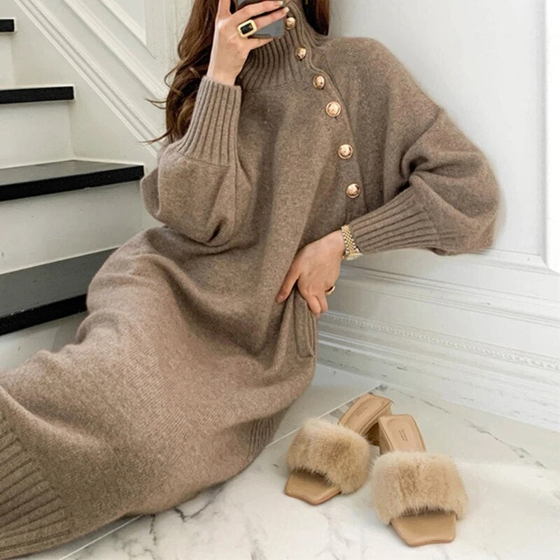 Women Knitted Dress Elegant Full Sleeve Turtleneck Sweater Dress with Button Decoration