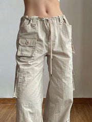 Low Waist Drawstring Pocket Patchwork Pants Women's Light Cargo Trousers with Wide Legs and Baggy Fit