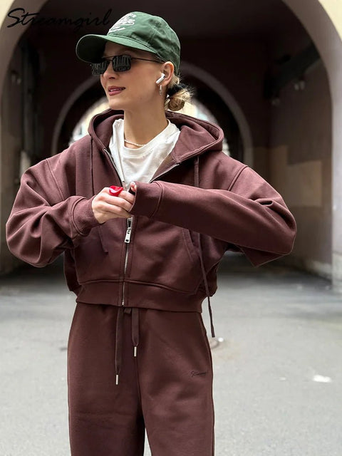 Brown Fleece Sweatsuit Set Women 2 Piece Crop Zip Hoodie Wide Leg Sweatpants Autumn Winter Loungewear