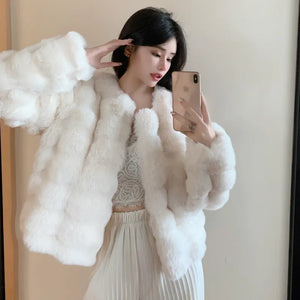 Women's Fashion Faux Fur Coat Warm Vegan Fur Short Chic Coats White & Black